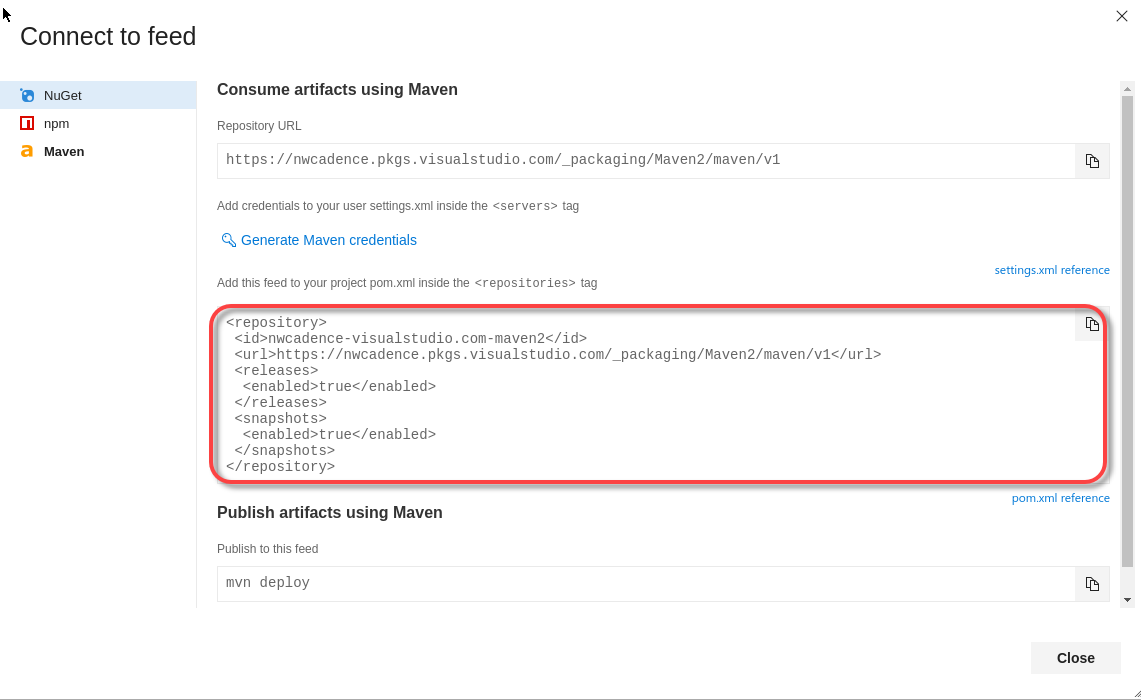 Get the package repository settings from VSTS