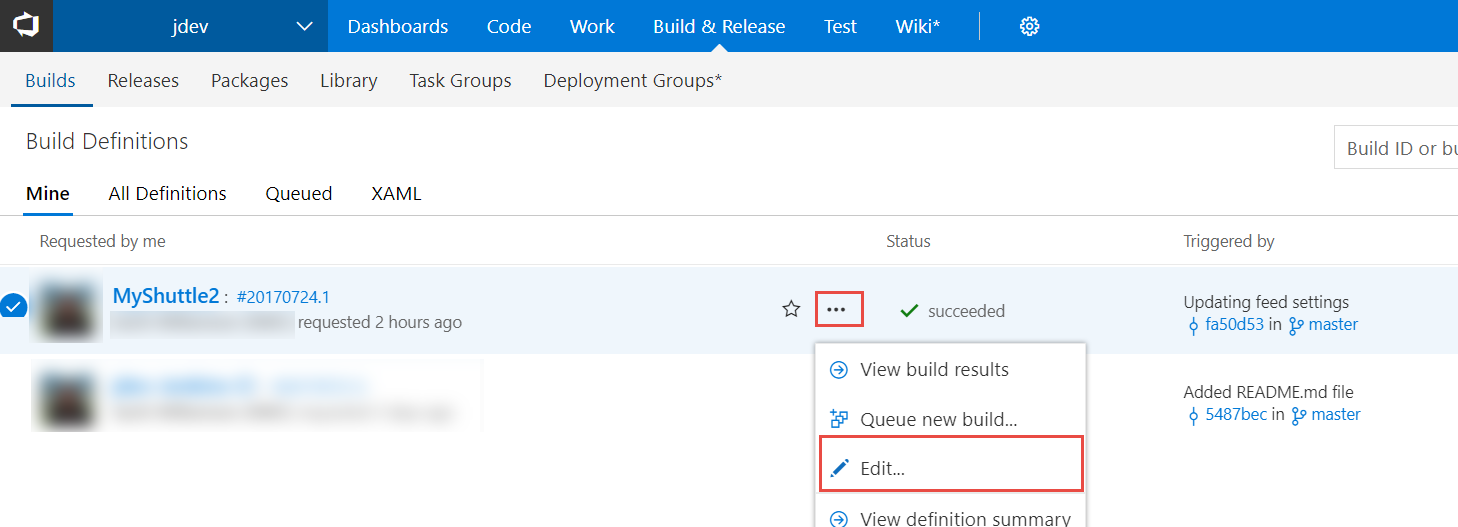 Edit build definition