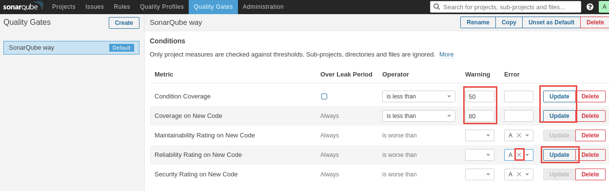 Update Quality Gates in SonarQube