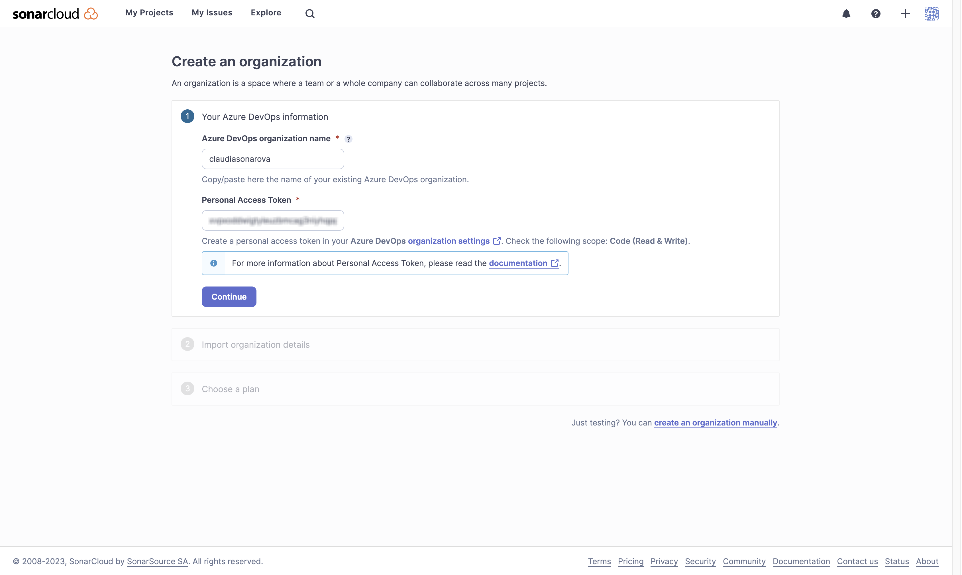 SonarCloud organization access token